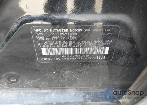 2022 Mitsubishi Mirage G4 Black Edition/Es/Le из США, поврежденный, VIN ML32FUFJ7NHF07359